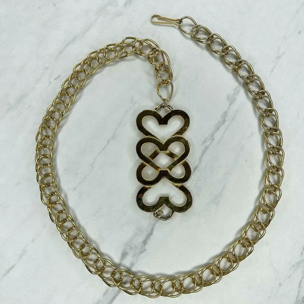 Gold Tone Abstract Heart Chain Link Belt - Size XS/S - 32.5